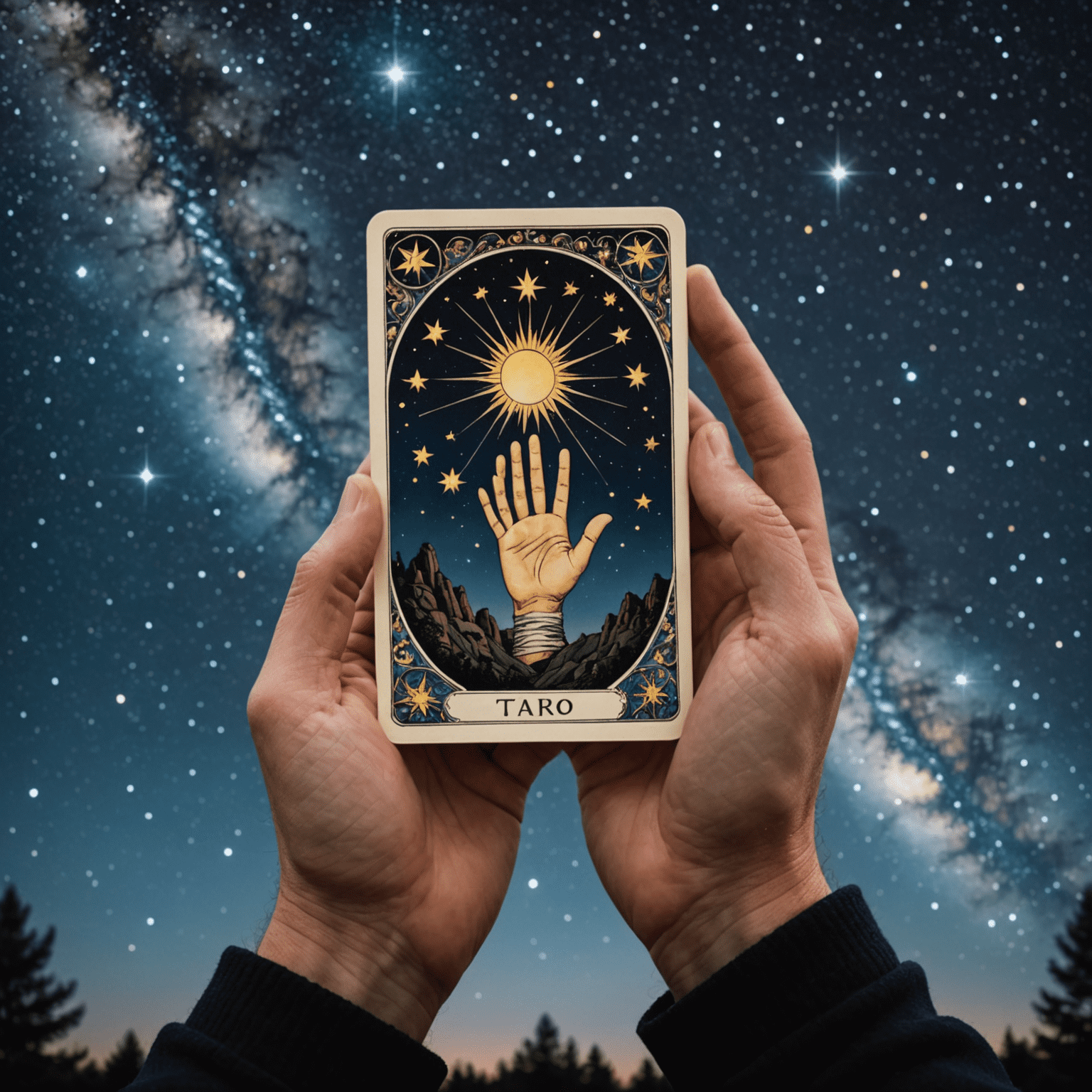 Una imagen mística que muestra una mano sosteniendo un mazo de cartas de tarot con un cielo estrellado de fondo, simbolizando la conexión entre el tarot y la astrología