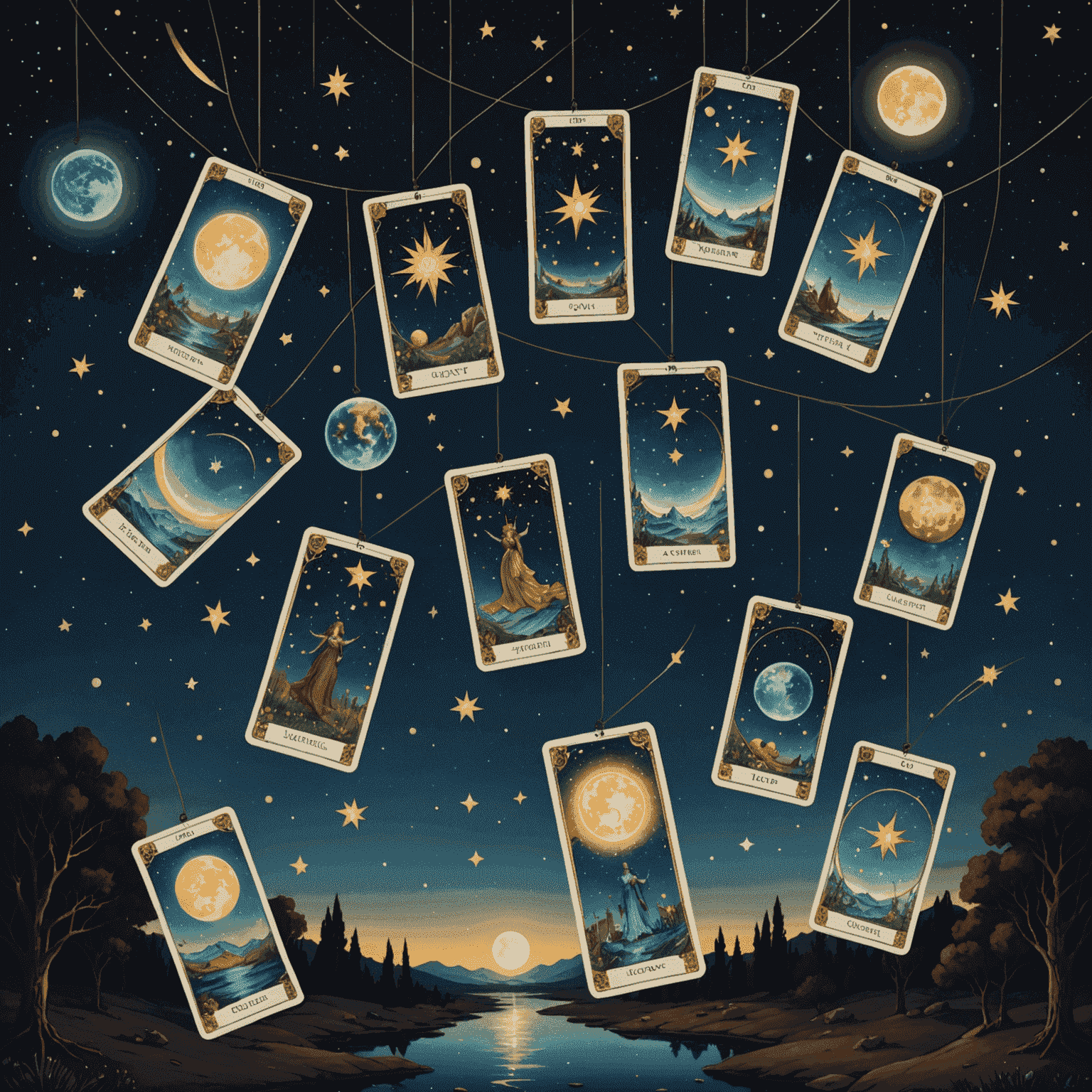 Una imagen etérea de cartas de tarot flotando sobre un cielo nocturno estrellado, con constelaciones y planetas visibles