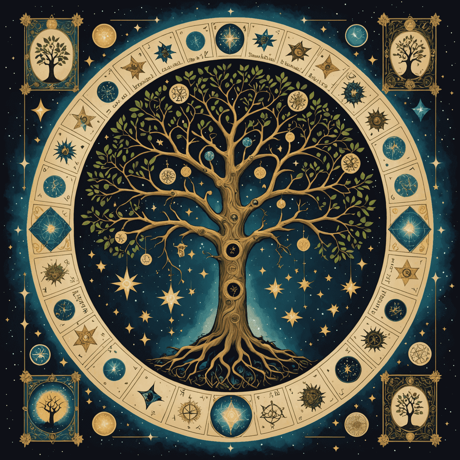 Ilustración del Árbol de la Vida cabalístico con cartas de Tarot colocadas en cada sefirá, rodeado de estrellas y símbolos místicos